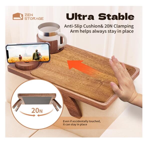 Acacia Wood Couch Arm Table Tray with Charcuterie Board & Phone Holder, Cup Slot - Picture 9 of 9